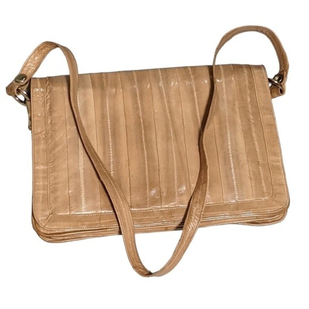 Vintage EEL skin shoulder handbag tan flap gold tone hardware Korea